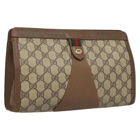 GUCCI GG Supreme Web Sherry Line Clutch Bag PVC Beige Auth - Picture 1 of 16